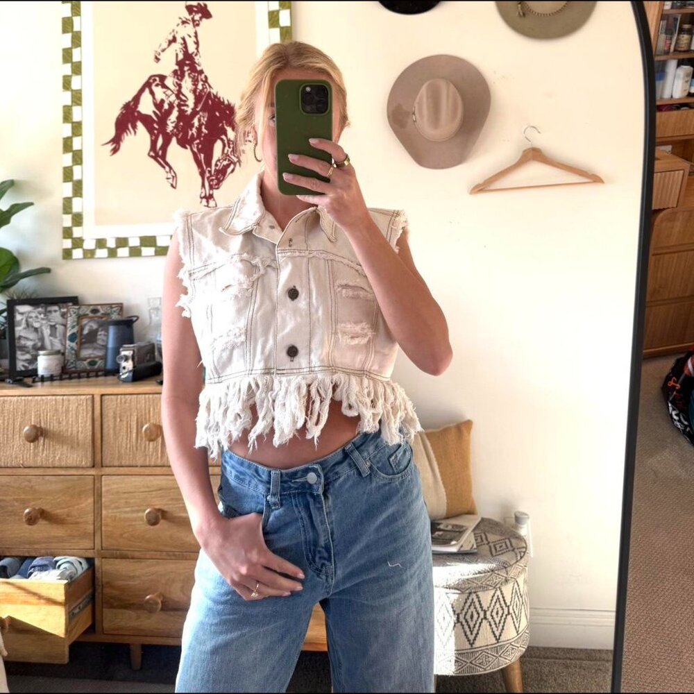 NAVI CREAM OFF WHITE FRINGE VEST DENIM RETRO VINTAGE WOMENS SMALL